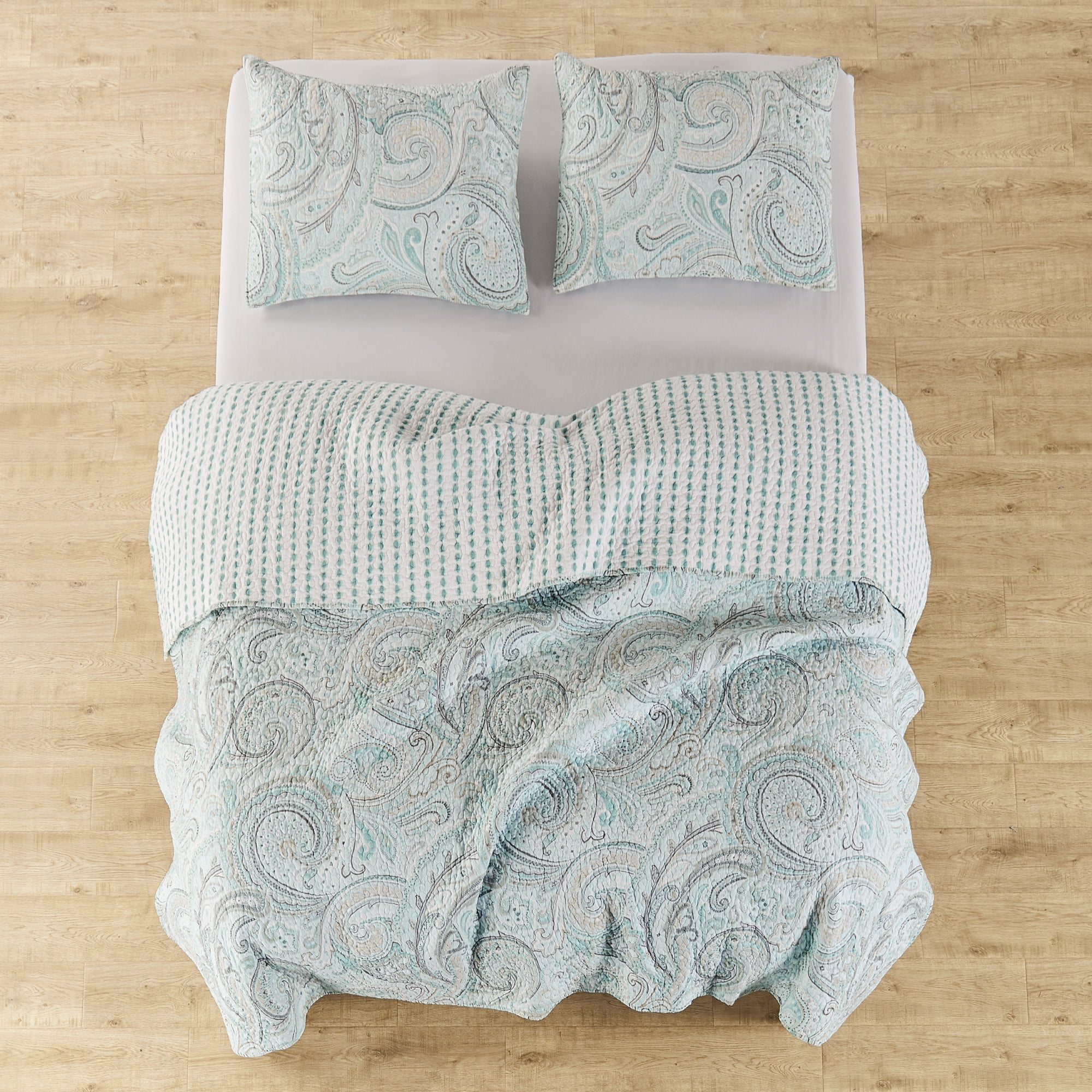 Levtex Home - Spruce Spa Quilt Set - Full/Queen Quilt + Two Standard Pillow Shams - Paisley Pattern in Soft Spa and Tan Hues - Quilt Size (88 x 92") and Pillow Sham Size (26 x 20”)