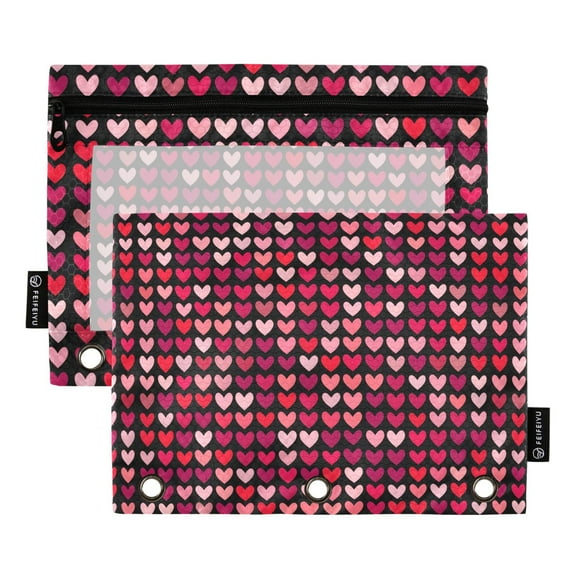 Red Pink Love Heart 2 Pack Pencil Pouch for 3 Ring Binder Smooth Zipper Folders with Pockets Clear Window Pencil Case