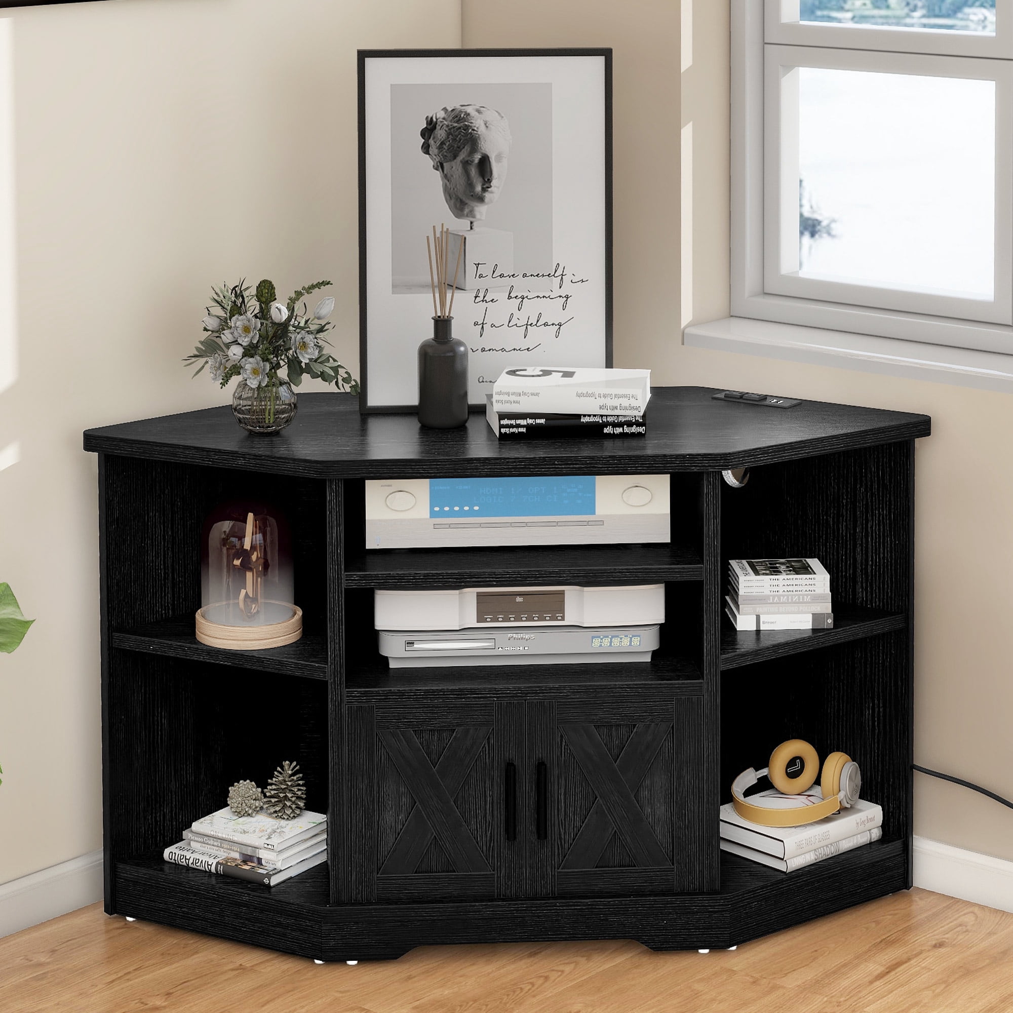 Uforic Farmhouse Corner TV Stand for TVs up to 55 inch with Power Outlet, Wood Entertainment Center with Storage, Black