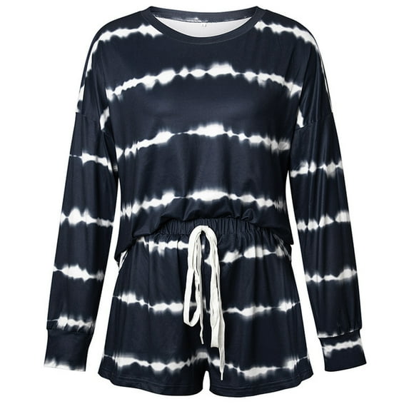 Women's Tie-Dye Pajama Sets Long Sleeve Tee Tops and Ruffle Short PJ Set Loungewear Nightwear Sleepwear