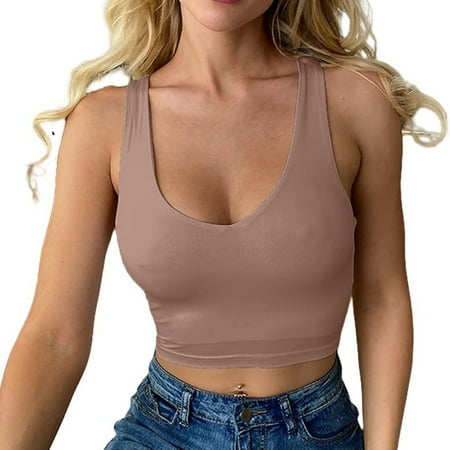 Riforla Crop Top Women s Sexy V Neck Tank Top Sleeveless Summer Tops Slim Fit Sport Crop Tops Corset Top Basic Shirt Camisole Bras for Women Brown S