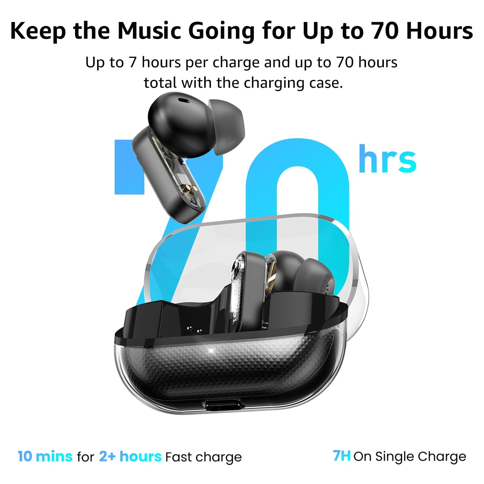 TOZO AI Translation Hybrid Active Noise Cancelling Earbuds, 100+ Languages, 70H, Smart ENC AI Calls, Stereo Bass with App-32EQ, IPX5 Waterproof Bluetooth 5.4 Headphones, Sleek Transparent Design