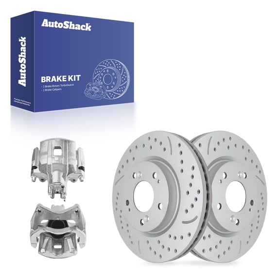 AutoShack Front Vented Drilled & Slotted Coated Brake Rotors Silver Matte Finish   Calipers 4-PC Brake Kit Replacement for 2013-2016 Mitsubishi Lancer TurboGuard 11.57" (293.9 mm)
