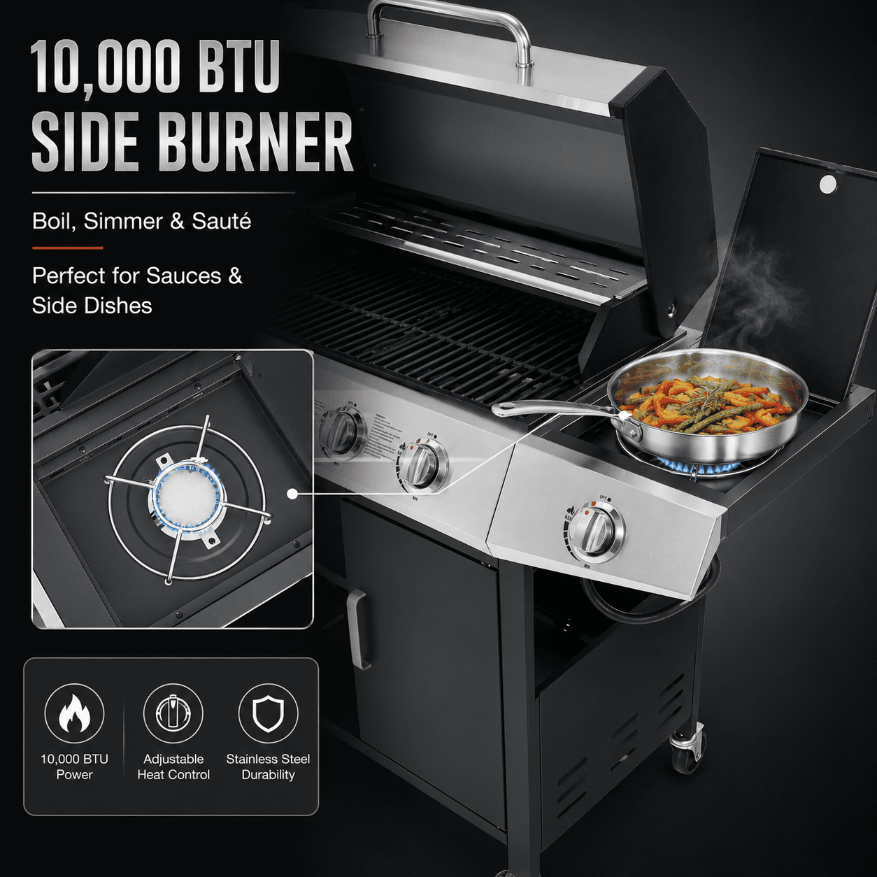 Seizeen 4 Burner Gas Grill with Side Burner, 50,000 BTU Stainless Steel BBQ Grill with Side Shelf, Tank Hook, Towel Rack & Bottle Opener, Outdoor Patio Propane Grill for Backyard, Camping