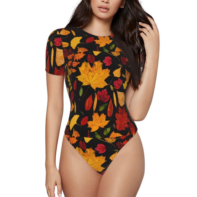 Saiise Feuilles d'Érable d'Automne un Motif Combinaison à Manches Courtes pour Femmes Col Rond Pyjama Justaucorps Extensible avec Fermeture à Pression-TG