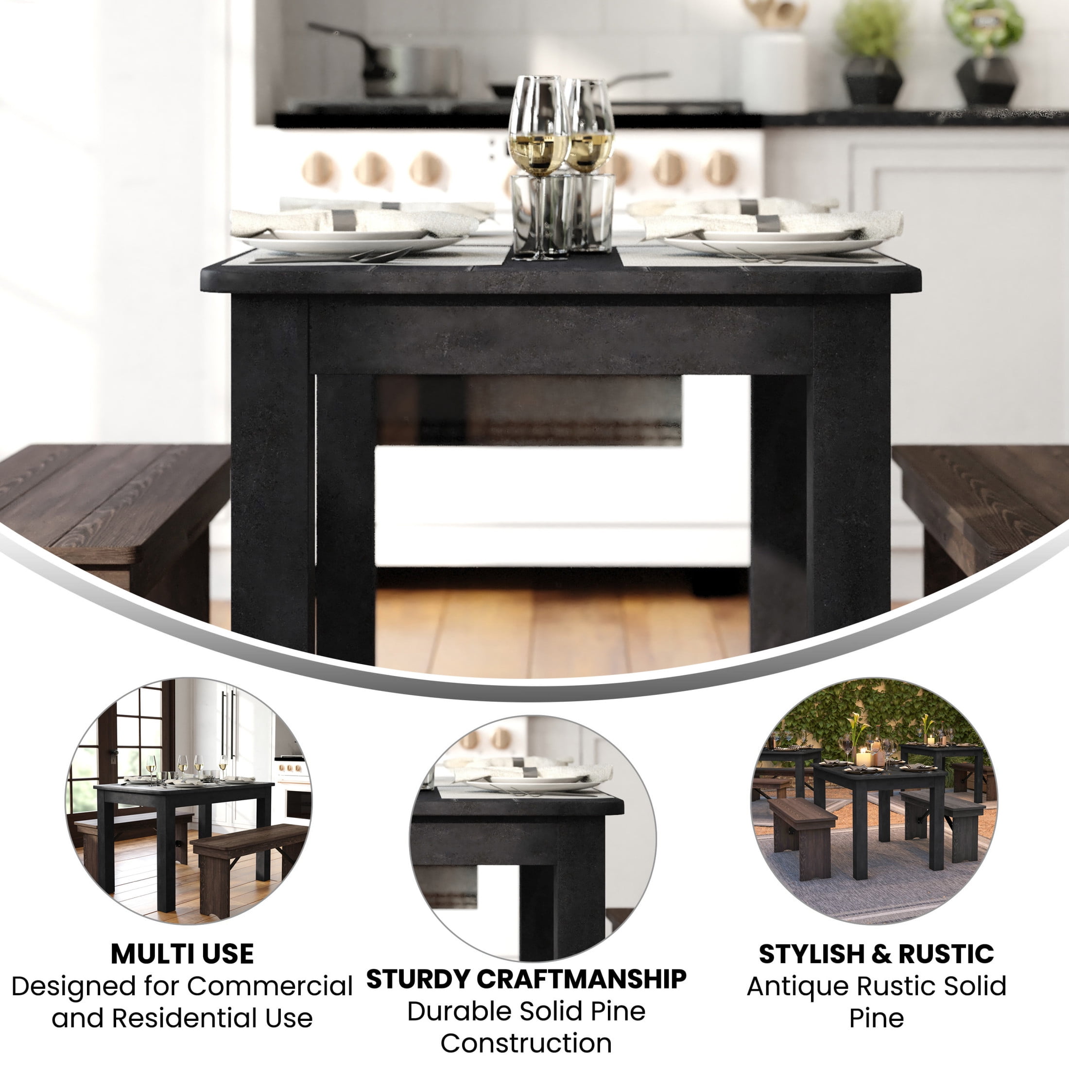 Emma + Oliver 46" x 30" Rectangular Black Wash Solid Pine Farm Dining Table