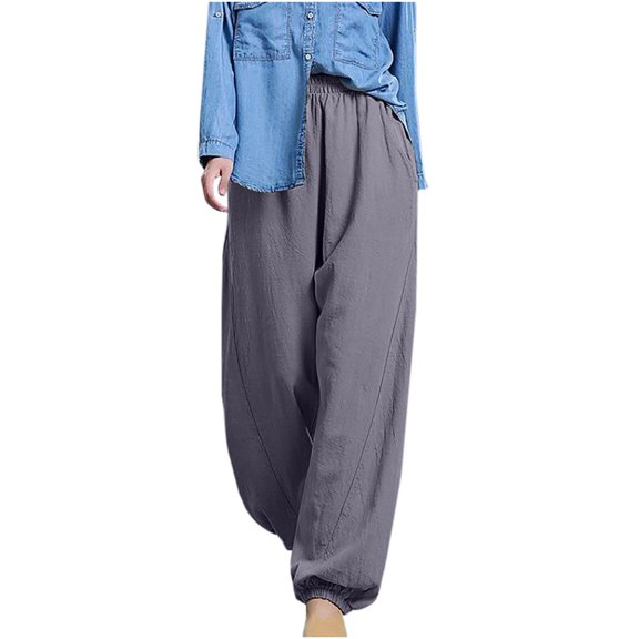Jacenvly linen pants women Clearance Wide Leg Pants Long High Waisted Pocket Plain pants for women Loose Pockets, Elastic Waist, Color Casual Pants
