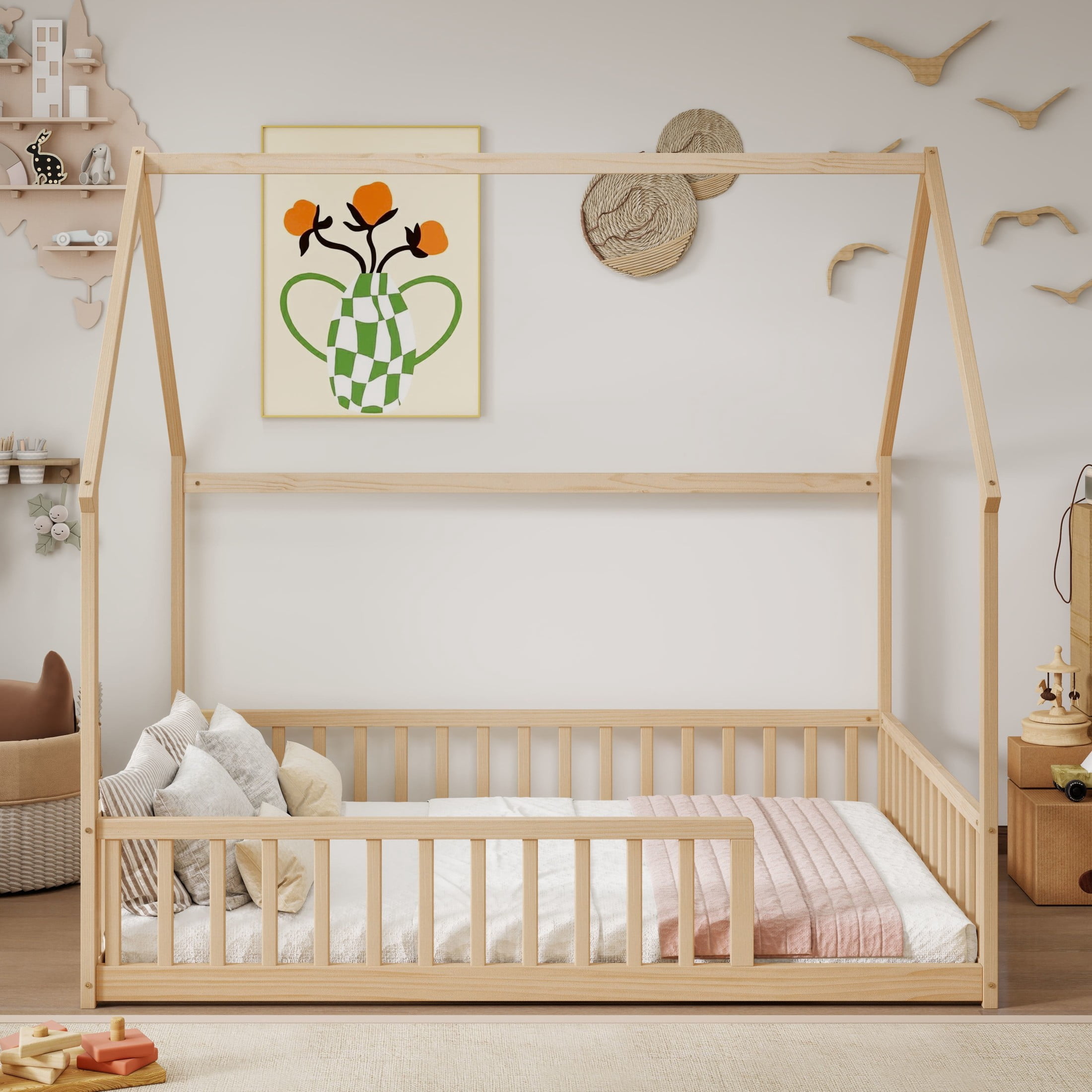 Noble House Morde Full Size House Floor Bed with Gable Roof Frame & Safety Guardrails, Pine Wooden Bed Frame, Natural