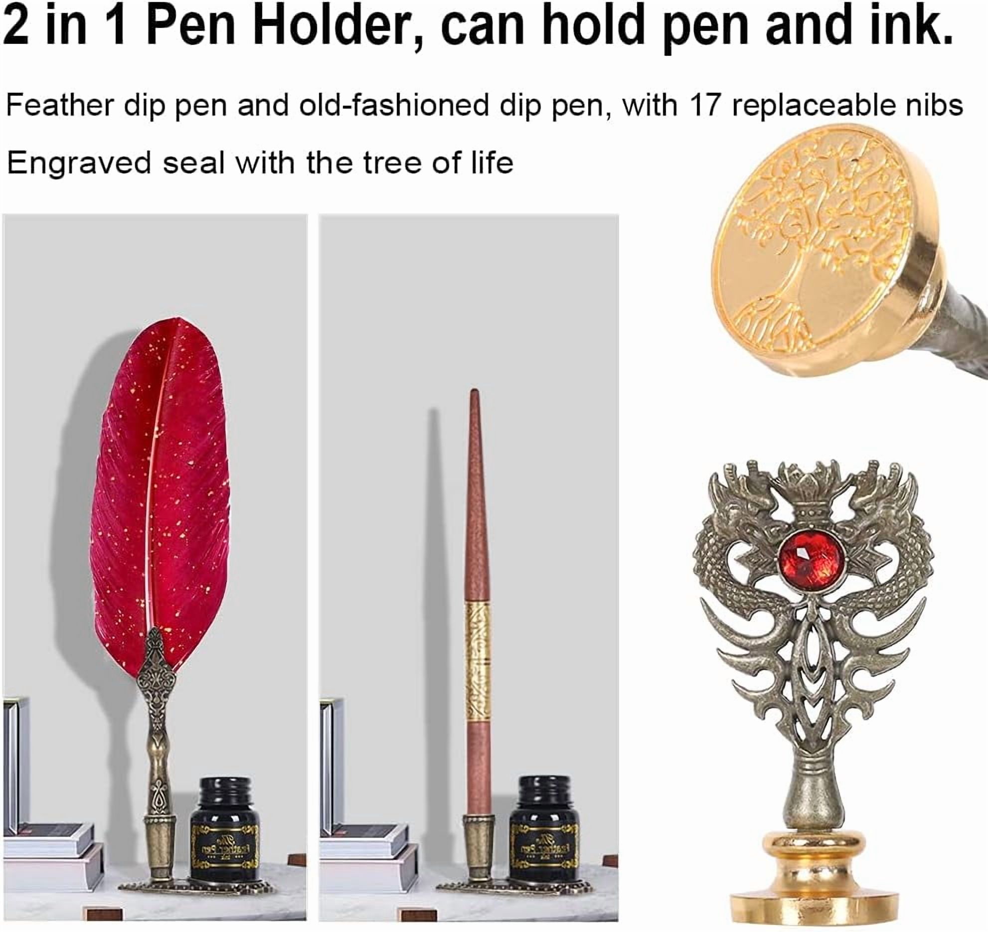 Quill Pen and Ink Set,Feather Pen Ink Set Iludes Quill Pen and wooden dip pen,Ink,17 Replacement Nib,Pen Base,3 Wax Seal Sticks,Stamp,White Wax, Spoon,Envelope Letter Paper,envelope tool(Red)