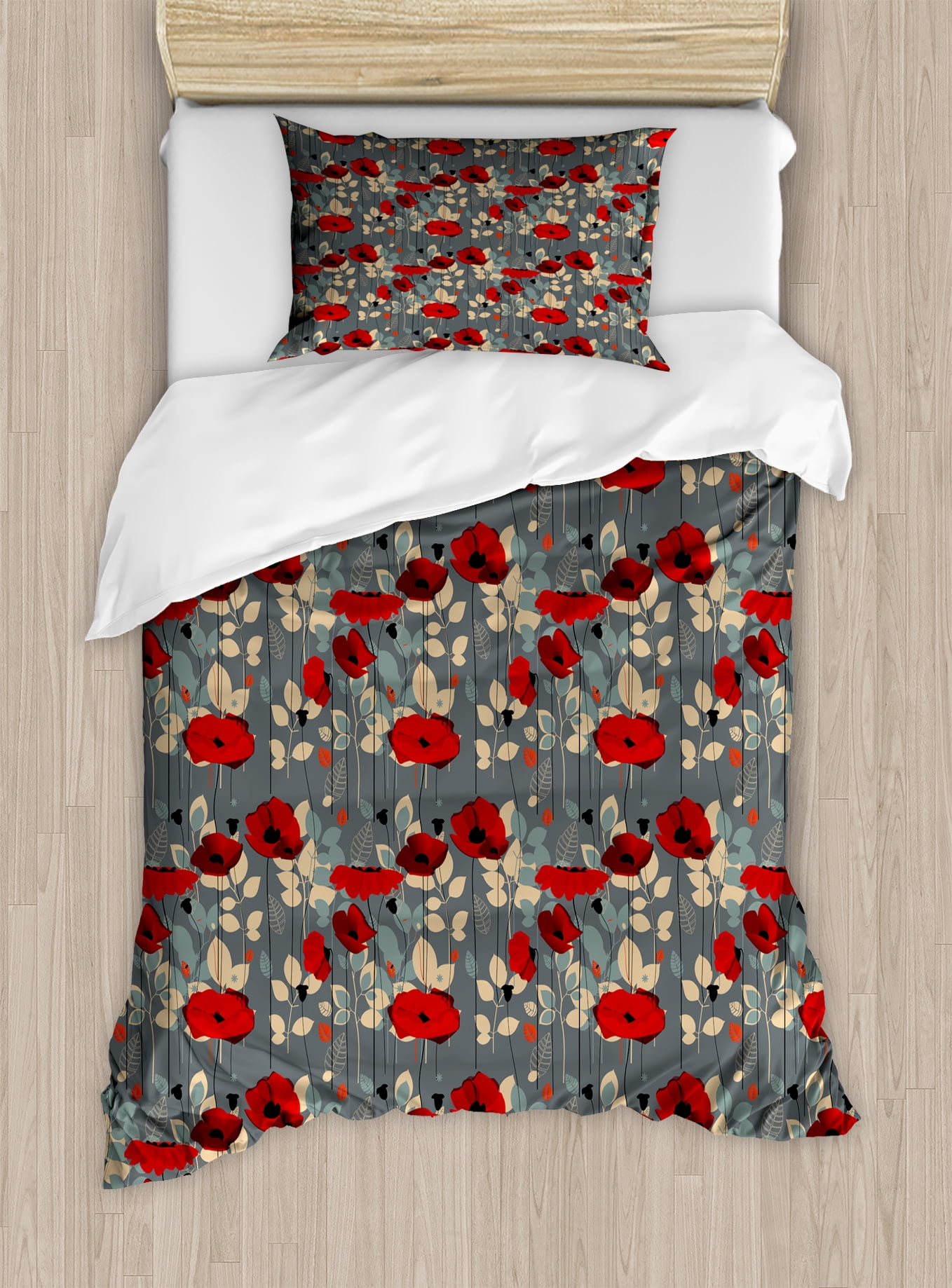 Poppy Duvet Cover Set, Abstraction of a Growing Floral Garden Leaves