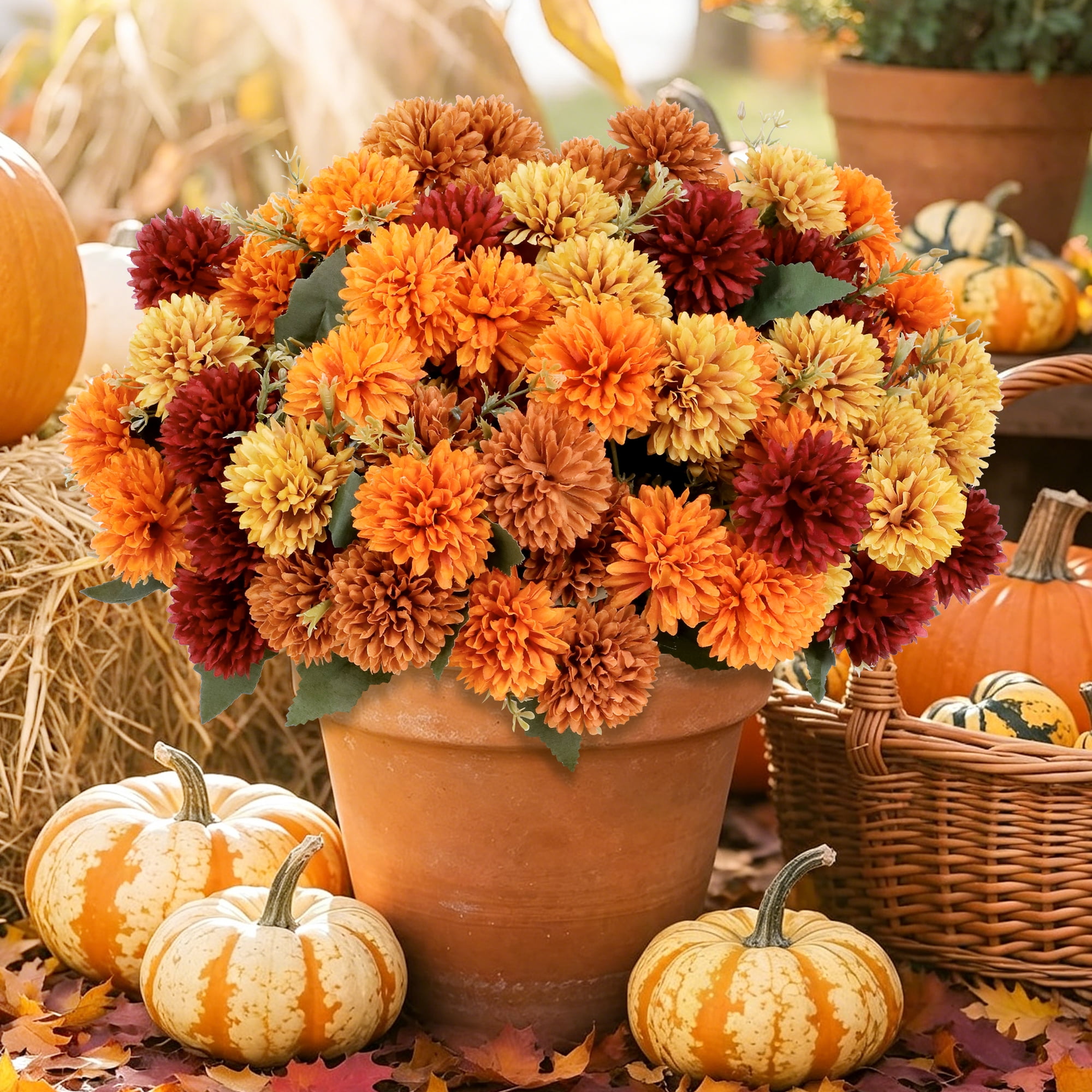 HKKDKTA 12 Pcs Artificial Fall Flowers Faux Mums for Outdoors, Silk Faux Chrysanthemum Bouquet, Burnt Orange Autumn Floral for Vase Table Wedding Home Decorations