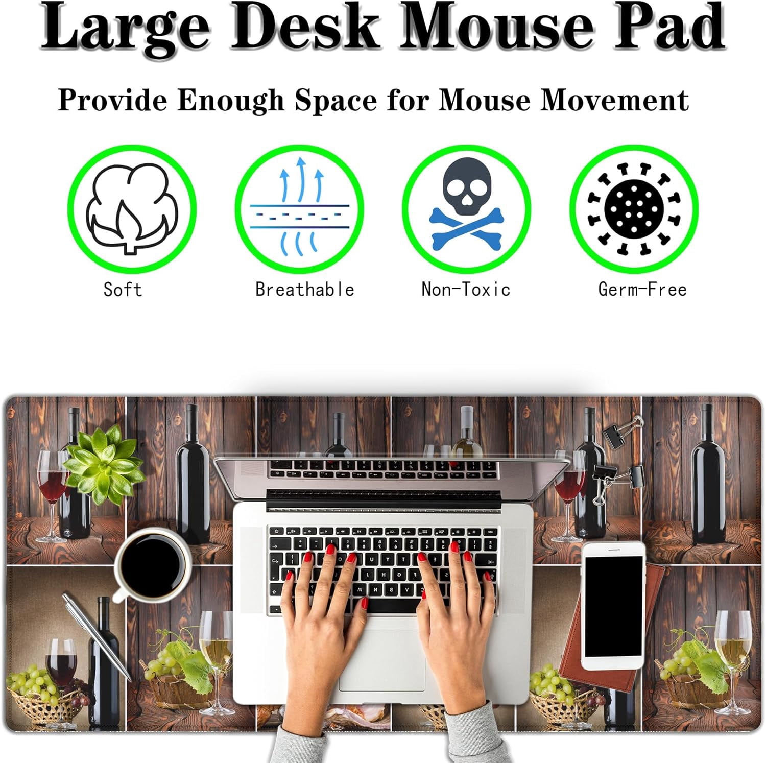 Gaming Mouse Mat for Men, Keyboard Big Mouse Pads Long Deskpad, Large Mouse Mat Non-Slip Rubber Base Waterproof with Stitched Edges, 35.4" X 15.7" for Work/Game/Office Wine Collage