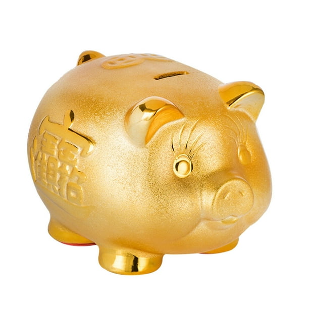 Alcancía dorada creativa con forma de cerdito dorado, ideal para guardar monedas, para cumpleaños, Año Nuevo o para exhibir en el salón (13,5 cm de largo x 11,5 cm de ancho x 9,5 cm de alto).
