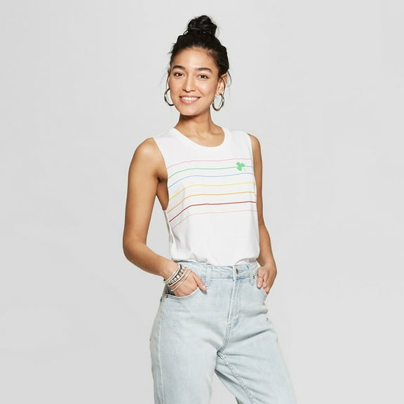 FIFTH SUN Women's Striped Rainbow Clover Tank Top (Juniors') - White - (XX-Large)