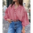 thumbnail image 3 of PRETTYGARDEN Women Fall Plaid Long Puff Sleeve Shirts V Neck Casual Blouses Gingham Button Down Oversized, Pleated Drop Shoulder Cotton Tops, Dressy Casual, Work Vacation Travel, Fall Outfits Trendy, 3 of 8