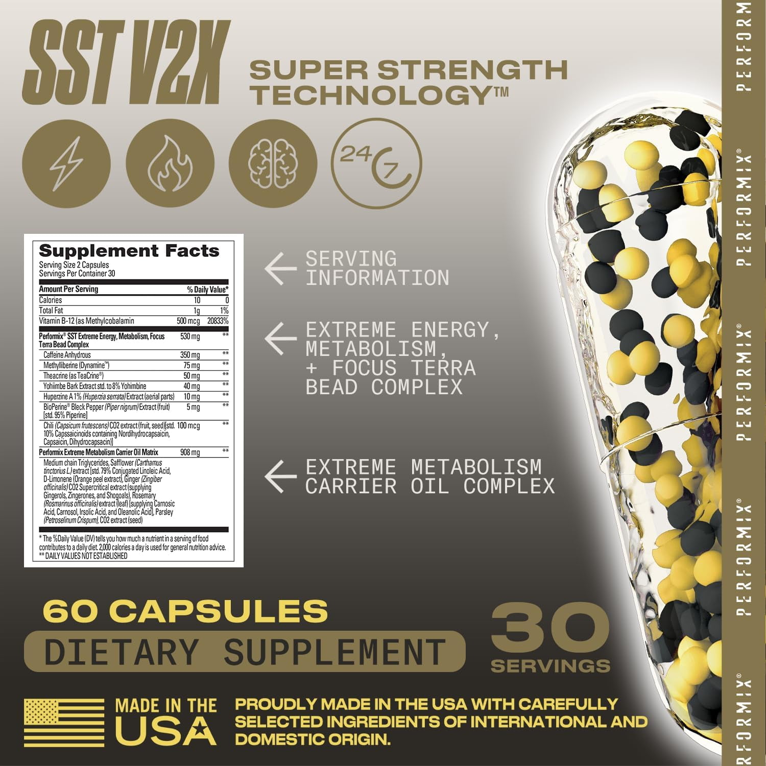 Performix SST V3X - 60 Capsules - Dietary Supplement for Supercharged Energy, Intense Mental Focus and Fast Metabolism - Caffeine, Dynamine, and Teacrine - 3X Longer Lasting