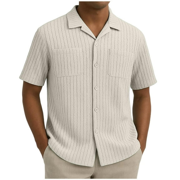 YLSDY Fashion Men's Summer Beach Vacation Shirt Casual Short Sleeve Button Down Shirt for Men Fashion Textured Summer Beach Tops Beige XL
