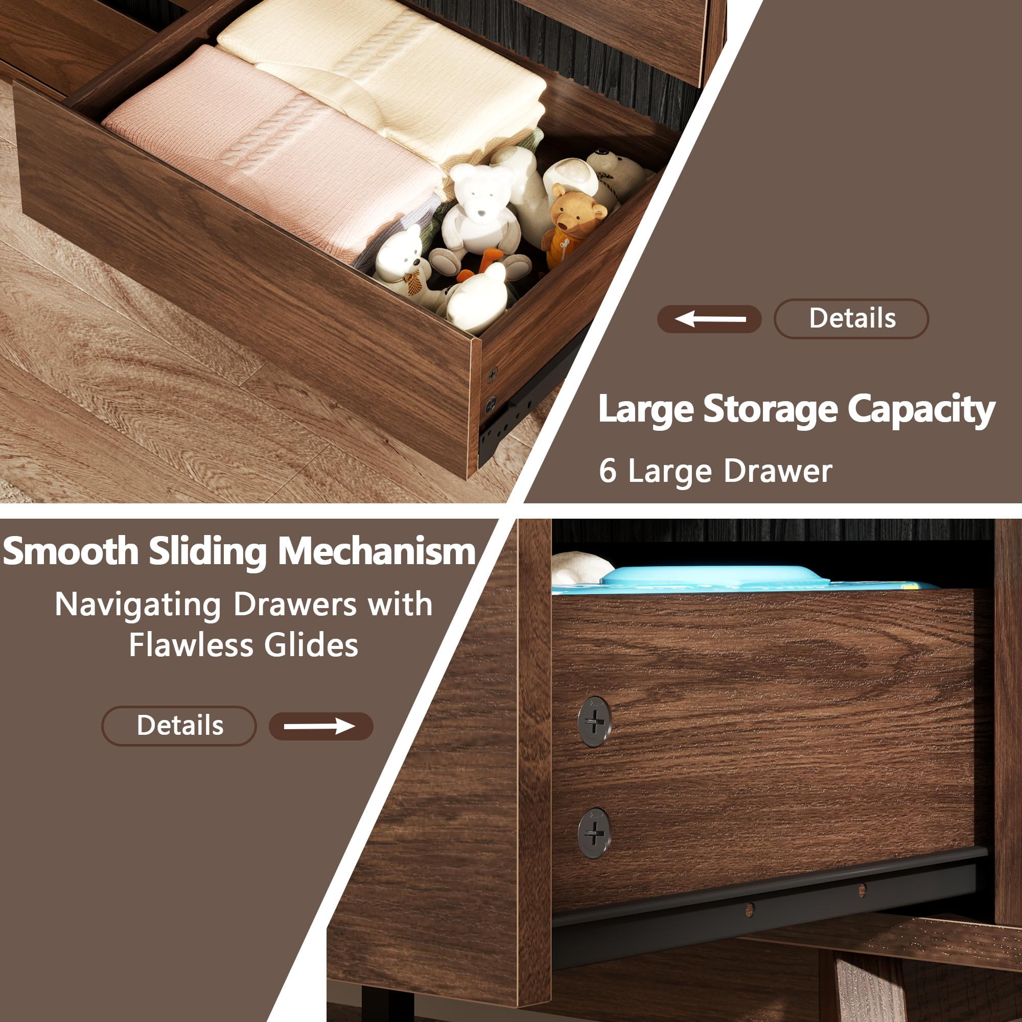Satifur 47.2″ Wide 6-Drawer Wooden Dresser & Chest of Drawers, Bedroom Storage Cabinet & TV Stand, American Walnut