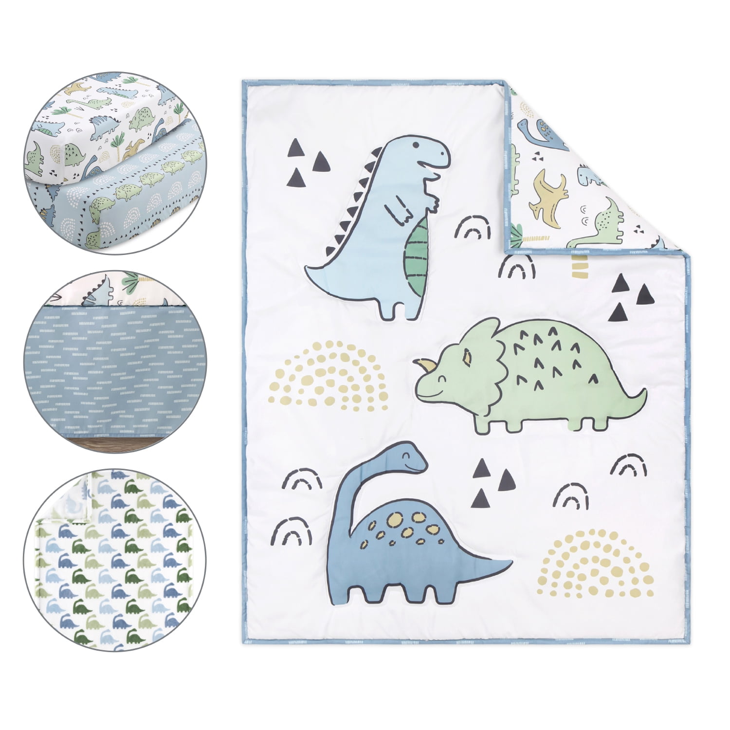 The Peanutshell Blue Dino 5 Piece Crib Bedding Set for Baby Boys, Nursery Set with Blanket