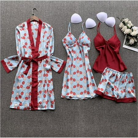 

Women Pajamas Robes Gown Nightgown Sets 4 Pieces Heart Dot Simple Fashion Daily Bed Satin Breathable Gift