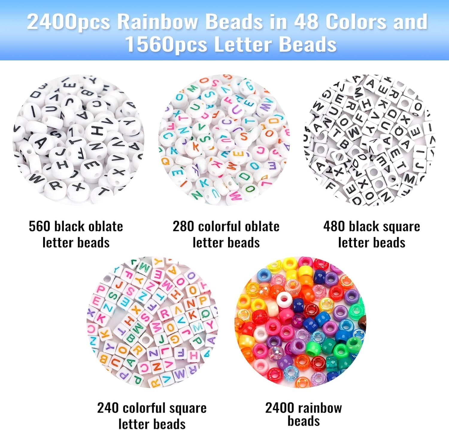 3960pcs Pony Beads for Friendship Bracelet Making Kit 48 Colors Beads Set, 2400pcs Plastic Rainbow Bulk and 1560pcs Letter Beads with 20 Meter Elastic Threads for Craft Jewelry Necklace