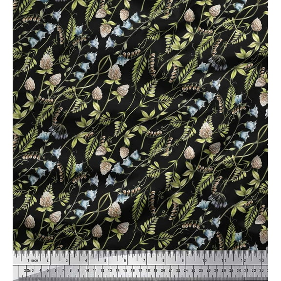 Soimoi Black Cotton Duck Fabric Bell Flower & Clover Leaves Fabric Prints By Yard 42 Inch Wide