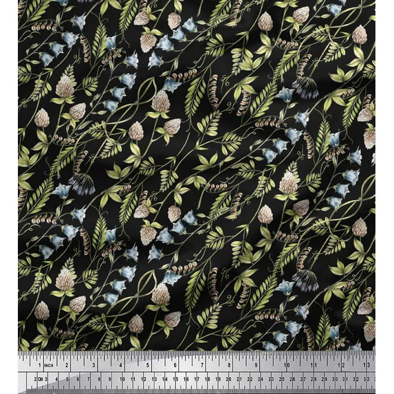 Soimoi Black Poly Georgette Fabric Bell Flower & Clover Leaves Printed Craft Fabric by the Yard 52 Inch Wide