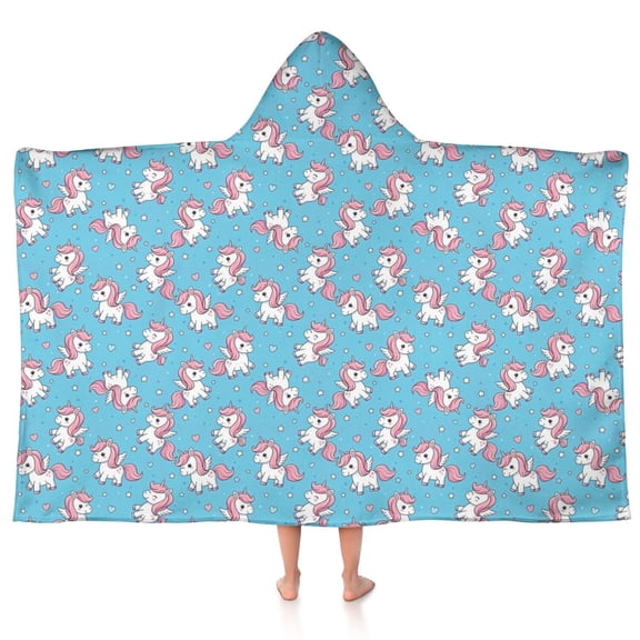 Blue Cartoon Unicorn Heart Pattern Hooded Bath Towel，50"x30" for Ages 3 To 12 Kids, Quick Dry Lightweight Soft Microfiber Hood Beach Towel Cover Up for Kids