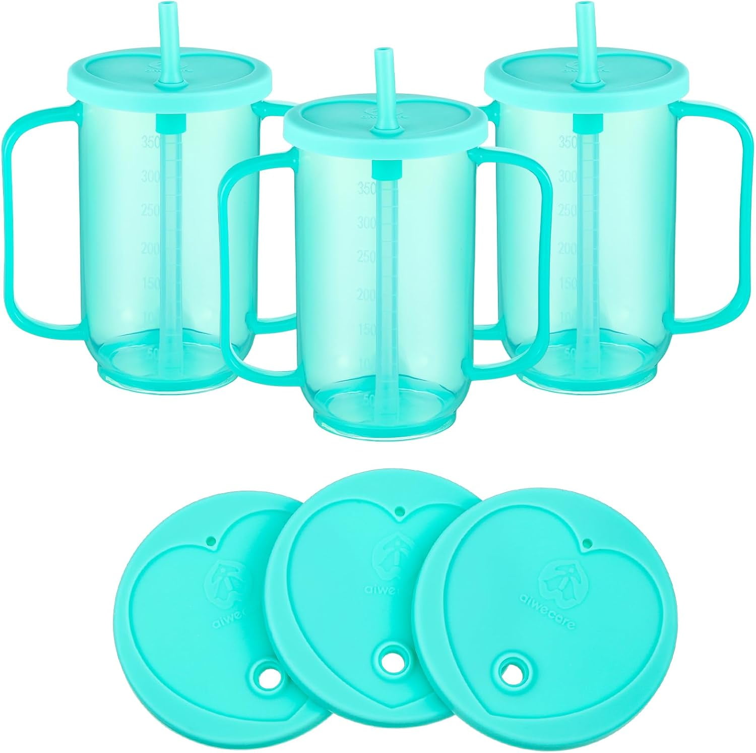 Sliner 2 Pcs Adult Sippy Cups for Elderly, 12 oz Plastic Spill Proof Cups with 2 Handles Straw and Lid for Adults Hospital Disabled Dysphagia Patients (Blue)