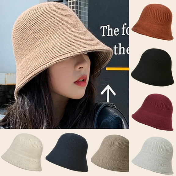 Cheers.US Bucket Hats for Sun Beach Hat Women Lady Girls Solid Color Wool Drawstring Fisherman Vintage Knitted Basin Cap