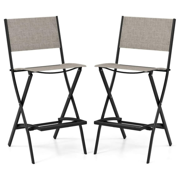 Outdoor Patio Bar Chair Set of 2, Folding Bar Height Stool with Metal Frame & Footrest, Patio Bar Stool for Balcony, Garden & Poolside (2, Coffee)