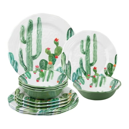 

Gourmet Art 12-Piece Melamine Dinnerware Set Includes Dinner Plates Salad Plates Bowls Service for 4. (Desert Cactus)