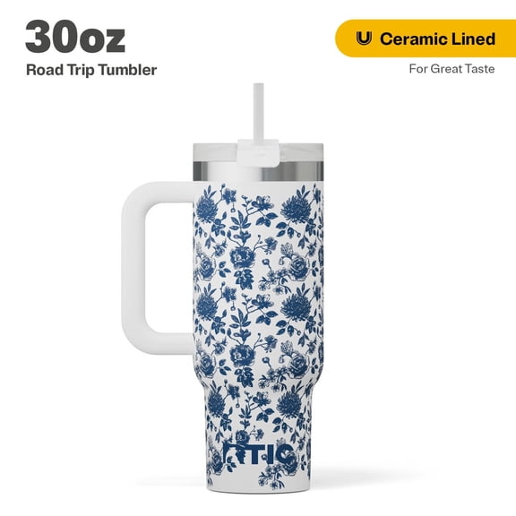 RTIC 30 oz Tumbler, Ceramic Lined, Leak-Resistant Straw Lid, Road Trip, Blue Bouquet