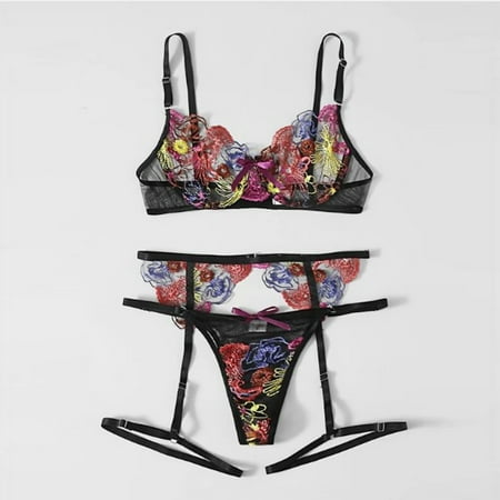 

nsendm 3 Set With Garter Belts Lingerie Bra Lace Piece Women s And Panty Floral Pa Underwear Underwear Black XX-Large