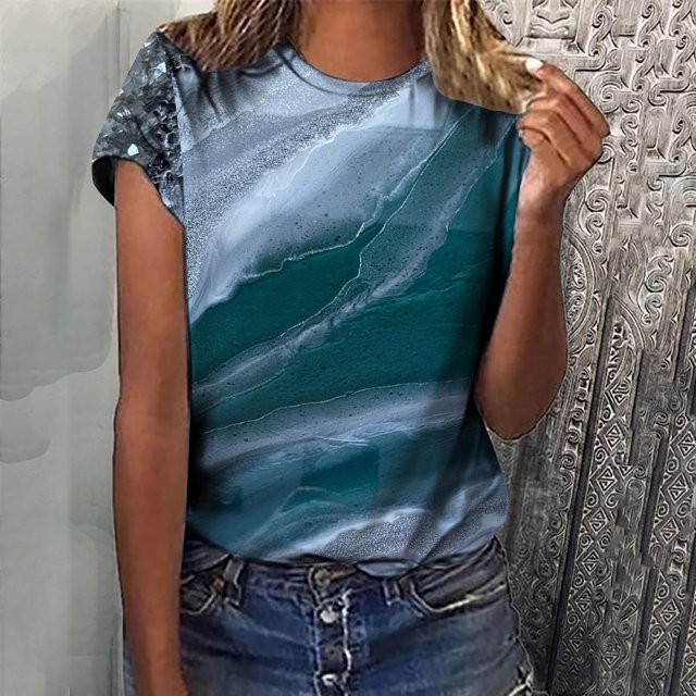 T-Shirts pour Femmes, Mode Femmes Nouveau Style T-Shirts Imprimés Manches Courtes Col Rond Blouses Été Décontracté Hauts pour Dames