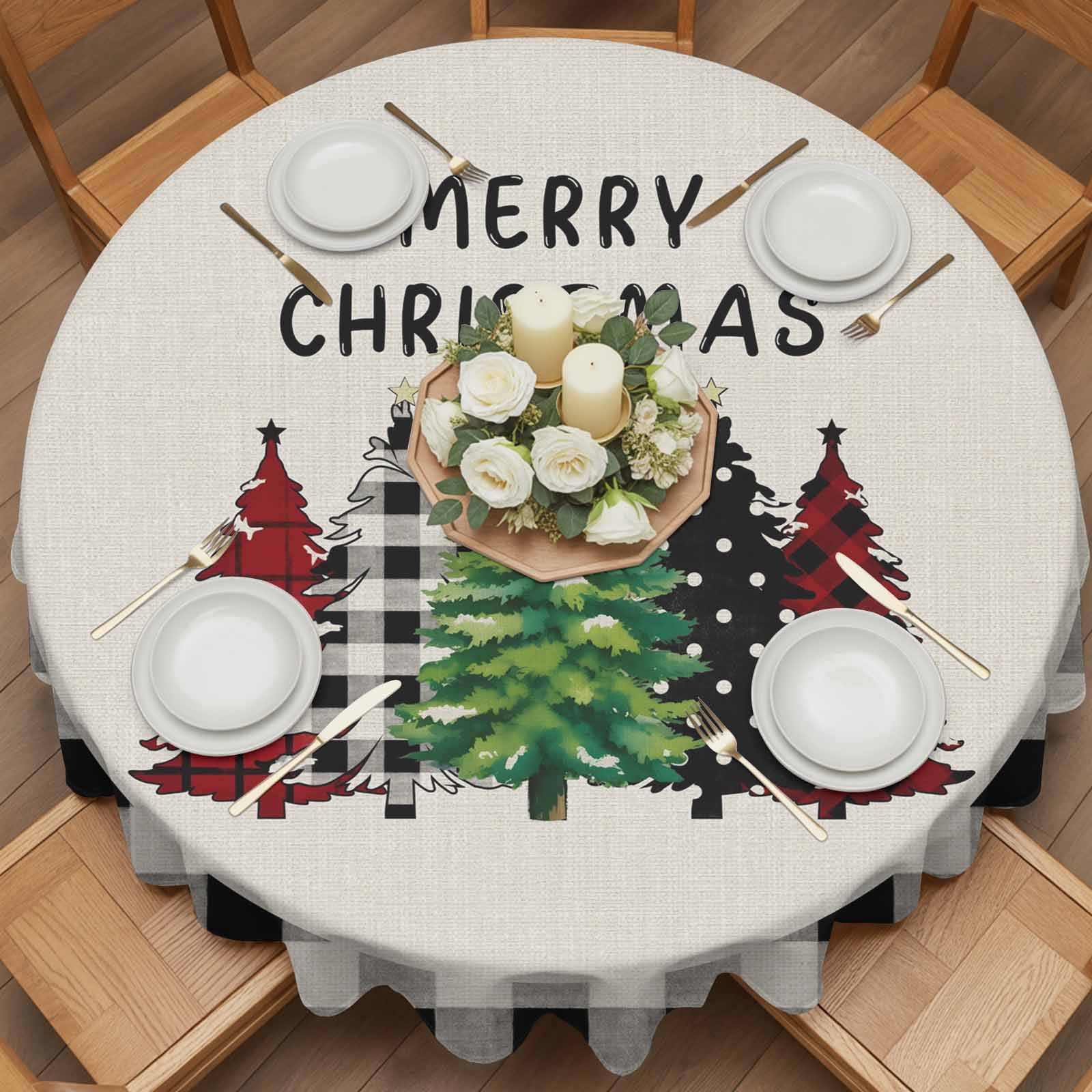 Round Tablecloth Merry Christmas Waterproof Oil Proof Polyester Table Cloth Cover Decor for Home Dining Outdoor,Patio,Parties, 60" Dia. Farmhouse Plaid Christmas Tree