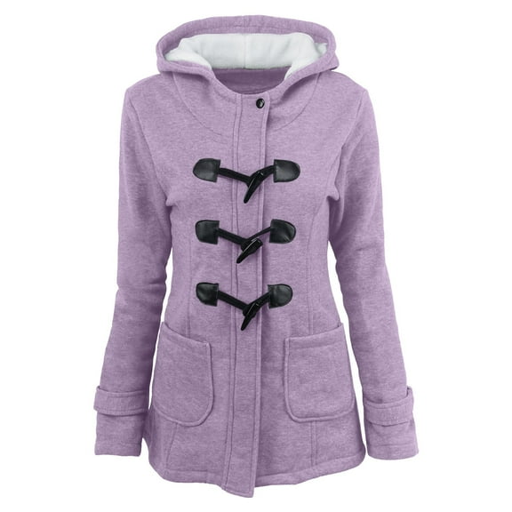 Herrnalise Womens Fashion Horn Button Fleece Thicken Coat with Hood Winter Warm Jacket Purple,S