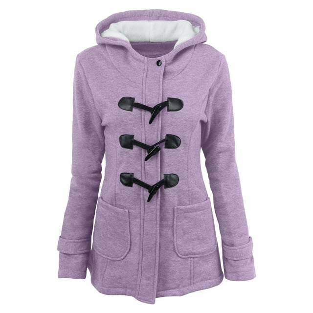Winter Coats For Women Solid Color Horn Buttons Cardigan Padded Hooded Coat Jacket Overcoat