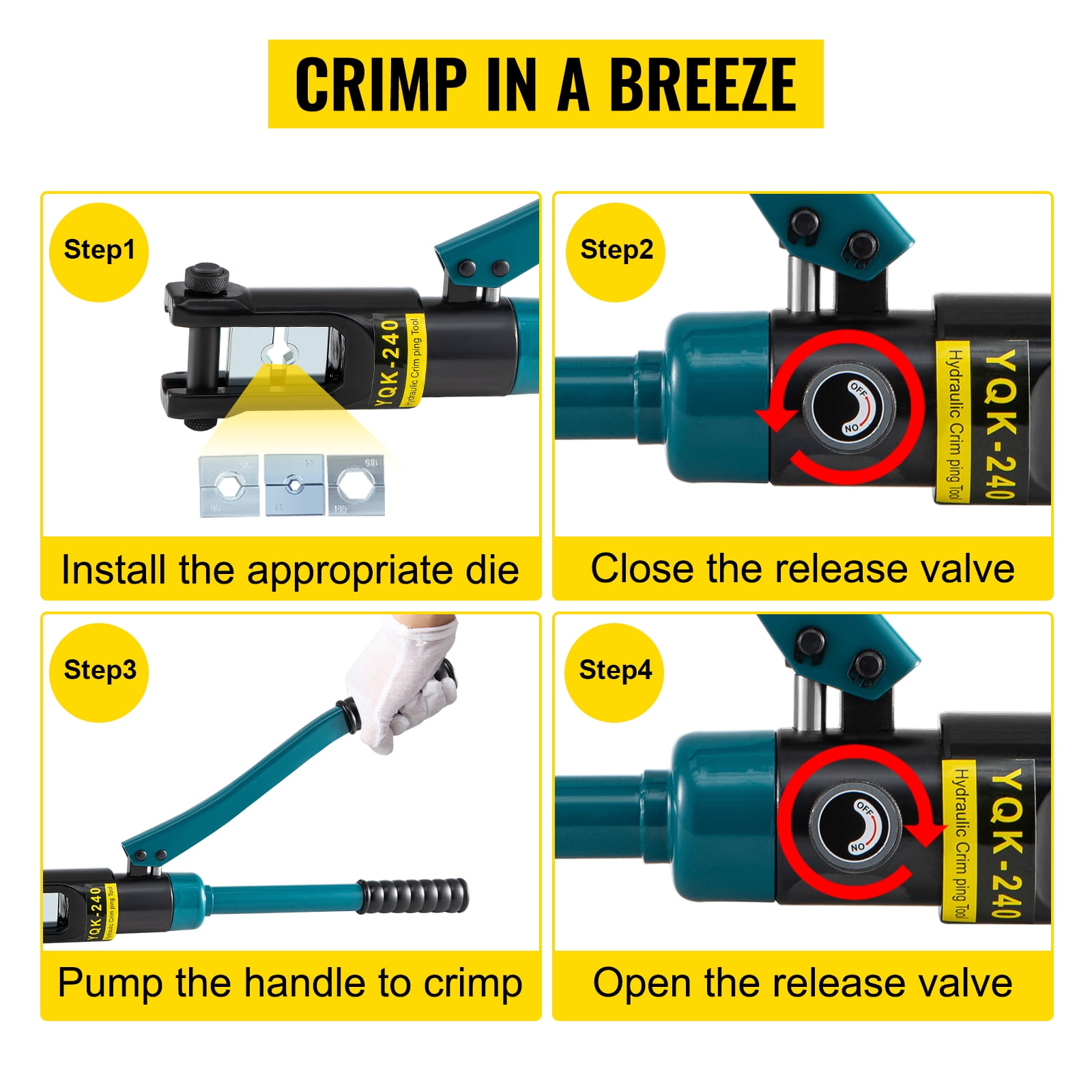 BENTISM 12 Ton Hydraulic Wire Terminal Crimper Battery Cable Lug Crimping Tool w/Dies