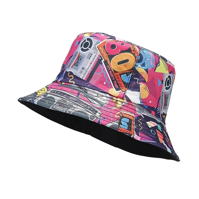 Chapeau de Seau pour la Protection Solaire Chapeau de Pêcheur pour l'Été Rétro Graffiti Chapeau de Seau Réversible pour les Hommes Femmes Pêcheur à Large Bord