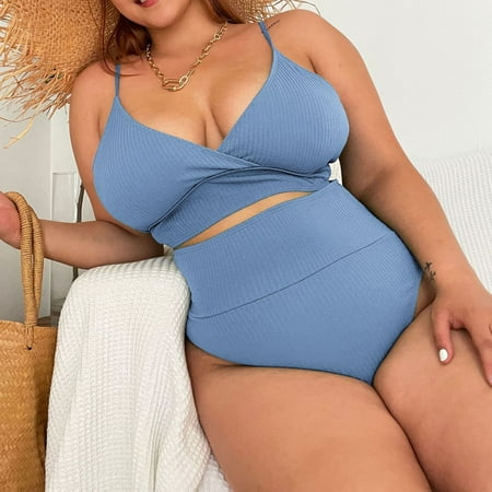 IDALL Bikini Sets Bathing Suit Stock Drop Bandage Push Up Bra Women s Bikini Set Solid Swimsuit Set Beachwear Triangle Bikini Set Plus Size Swimsuit High Waisted Bikini Sets Light Blue 2XL