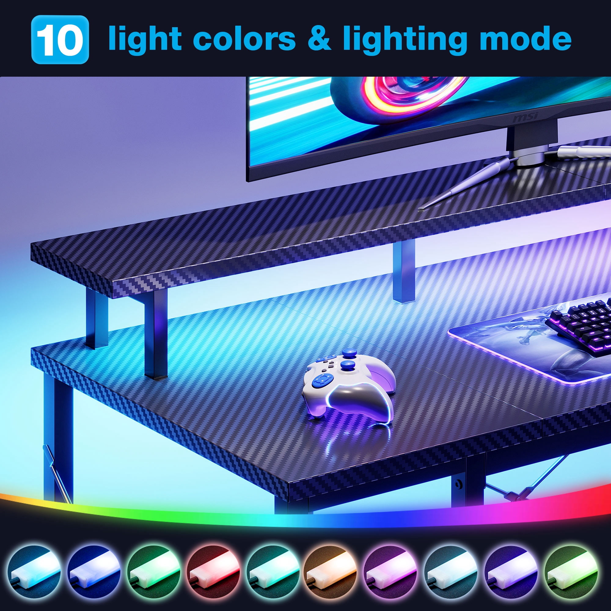Casacomoda 48 Inch Gaming Desk with LED Lights, Computer Desk with Monitor Stand, Storage Shelves and CPU Stand, Home Office Desk, Black