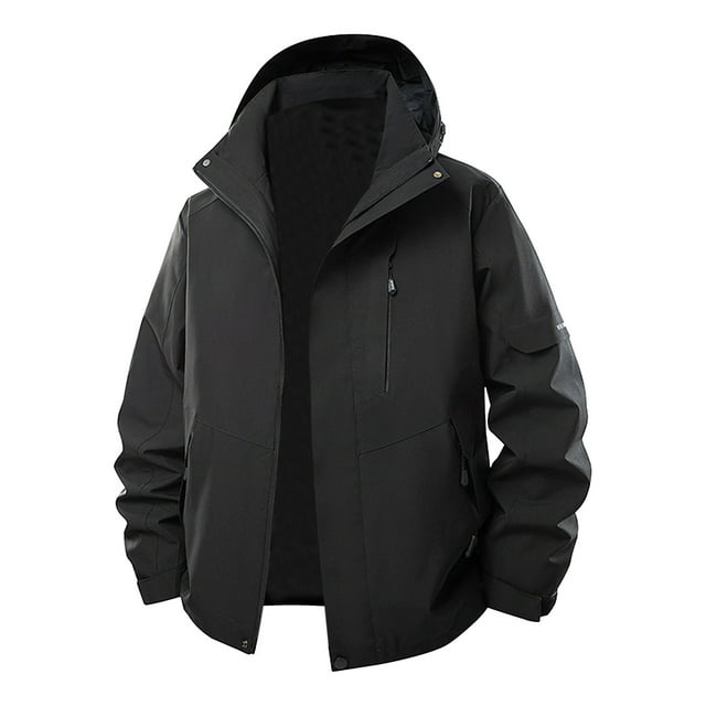 WRKEKC Men's Outdoor Hooded Jacket Wind-Resistant Lightweight with Zippered Pockets for Hiking Running Climbing and All-Weather Training in Solid Color Black 3XL