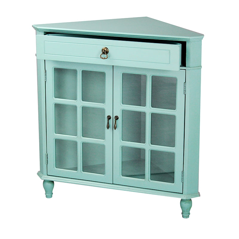 Turquoise Wood Clear Glass Corner Cabinet With A Drawer 2 Doors