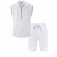 thumbnail image 4 of Mens 2 Piece Linen Outfits Sleeveless Hooded Tops Comfortable Shorts Workout Set Gym Tracksuit Sweatsuits White XXXL, 4 of 5