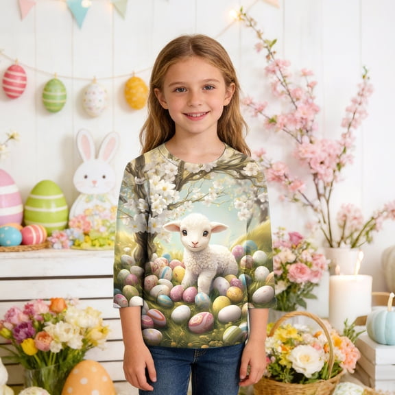 Xdegoge Childrens Girls Cute Graphic T Shirt Adorable Spring Bunny Daisy Floral Print Long Sleeve Crewneck Casual Playwear School Tops Breathable Pullover Shirts