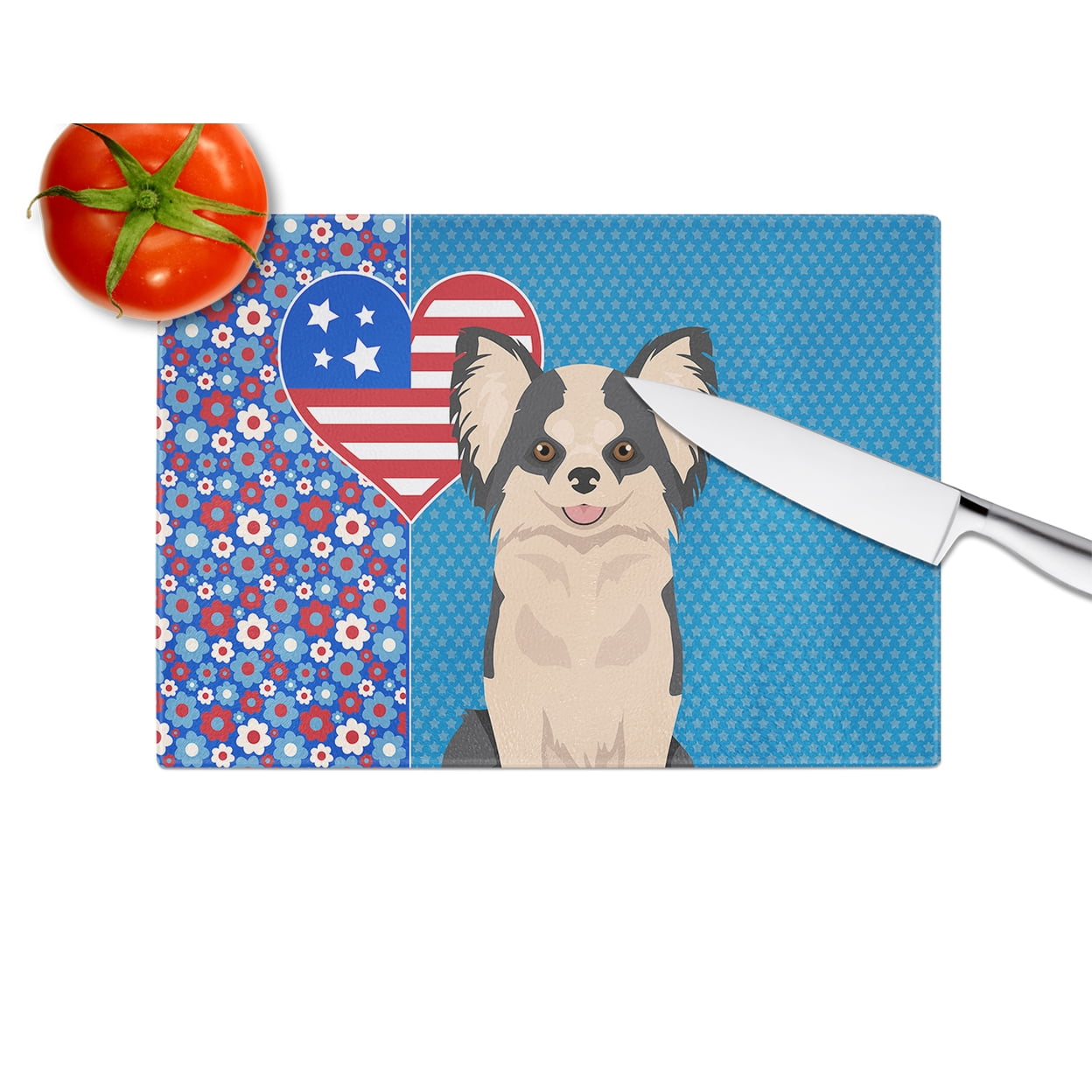 Longhaired Black and White #2 Chihuahua Glass Cutting Board Large 12 in x 15 in