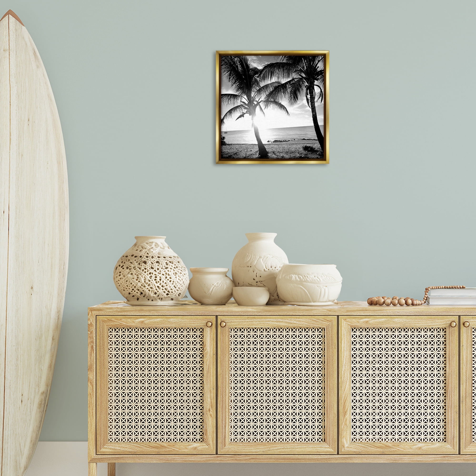 Stupell Industries Sunlit Palm Silhouettes Coastal Photography Gold Floater Framed Canvas Art Print Wall Art, 18 x 18