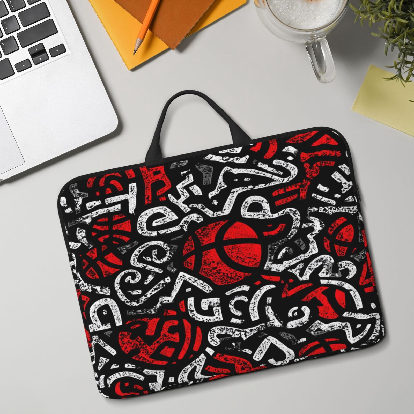 Laptop Sleeve Bag For Women Men 14inch Waterproof Durable Protective Computer Carrying Cover Handle Laptop Case Bag Basketball Street Graffiti Style Black White Red