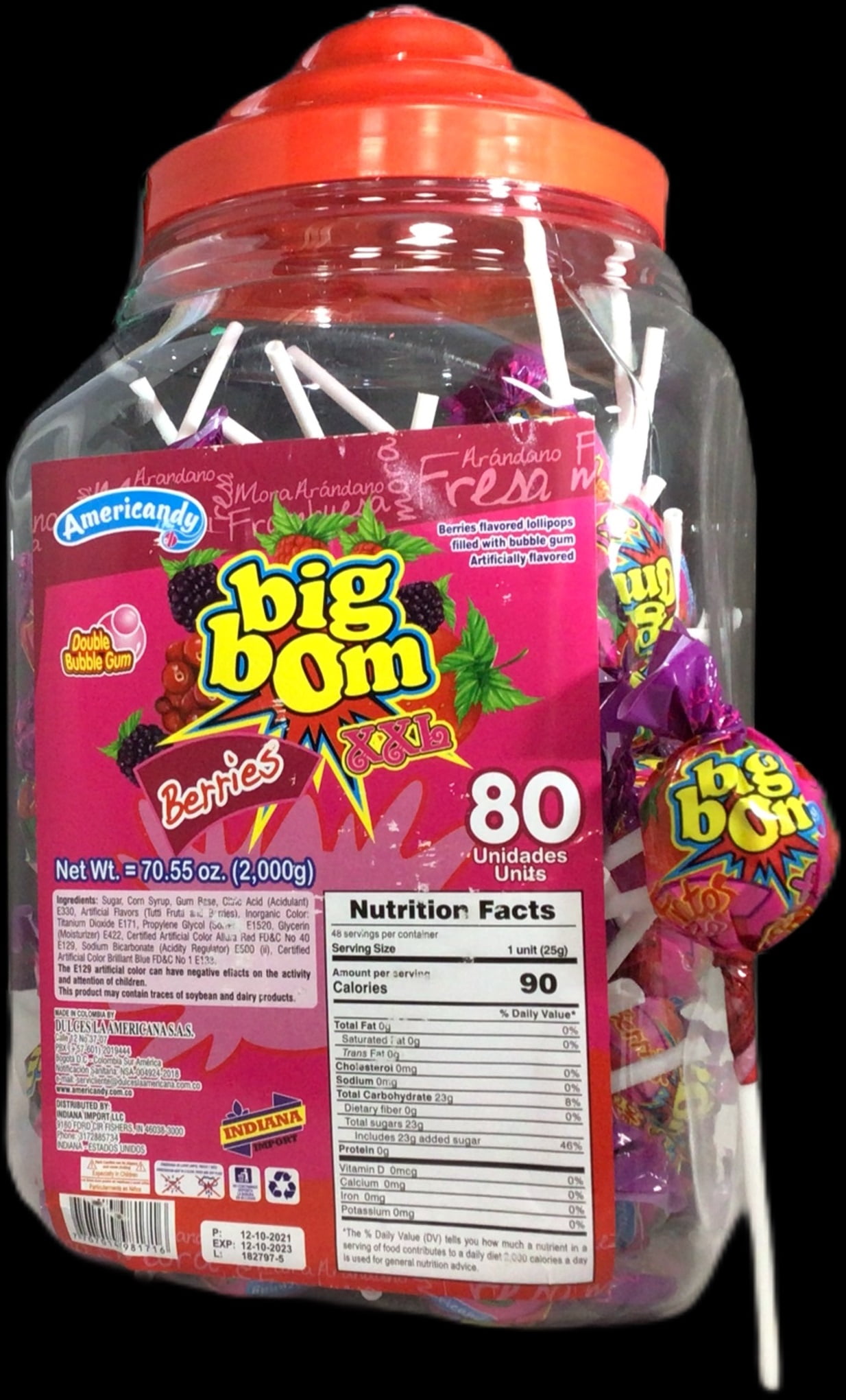 Americandy Big Bom XXl Duoble Bubble Gum Lollipops, Berries 80 Count Display Tub